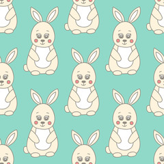 Vector seamless pattern with cute bunnies. Hand drawn doodle rabbits on green background.