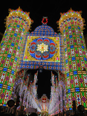 Valencia celebrates Fallas. Main streets are decorated with light arches and every night people can enjoy a lights show. - obrazy, fototapety, plakaty