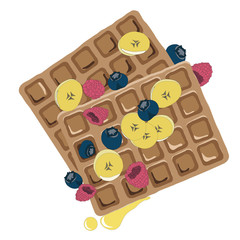 Caramel sauce flowing over a waffle with blueberyy, banana and raspberry. Hand drawn healthy snack vector illustration
