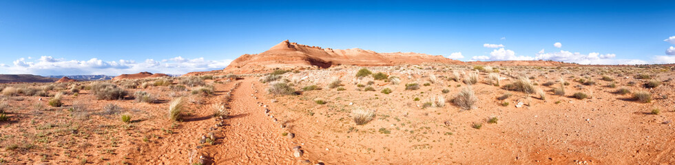 Woestijnlandschapspanorama met een pad dat naar heuvels leidt.