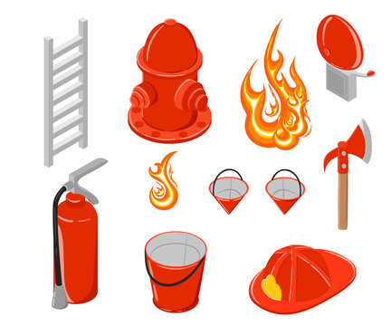 Isometric vector illustration of firefighting. Hook and hydrant. Firefighting collection. Elements for infographic