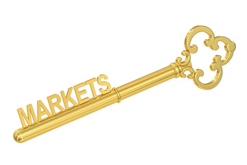 markets concept with golden key, 3D rendering