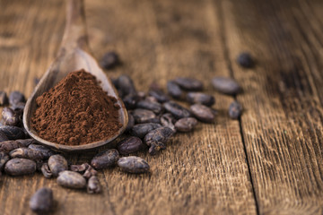 Cocoa powder on wooden background