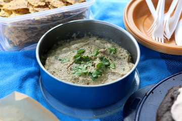Bowl of baba ghanoush, on a picnic blanket. Selective focus. 