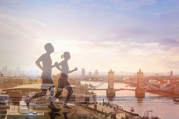 two runners and panoramic view of London, double exposure, workout and fitness concept