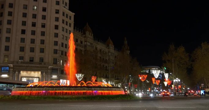 barcelona night light traffic circle fountain 4k spain
