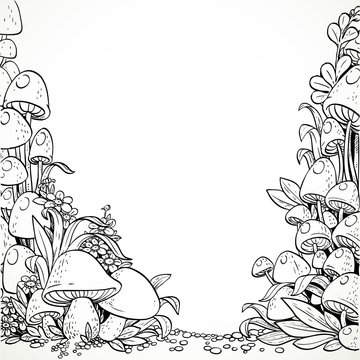 Fairytale decorative graphics mushrooms and flowers in the magic