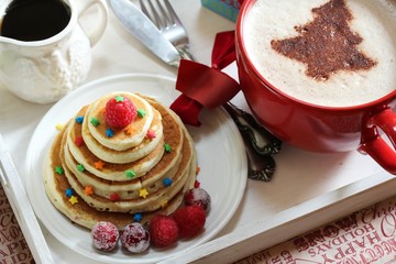 Christmas Breakfast on a tray pancakes and Coffee
