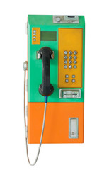 public telephone coin and card on white background 
