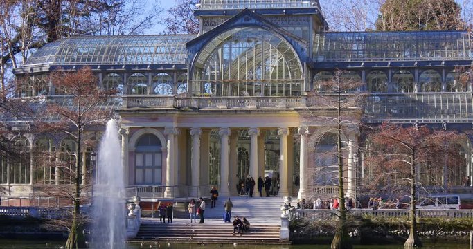 madrid palacio de cristal sunny day entrance view 4k spain

