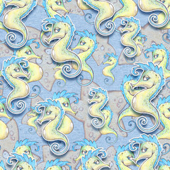 Fototapeta premium Pencil hand drawn seamless illustration with colorful funny sea creatures on a paper textured background