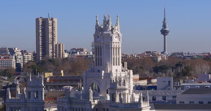 sun light roof top view on madrid post office and television tower 4k spain
