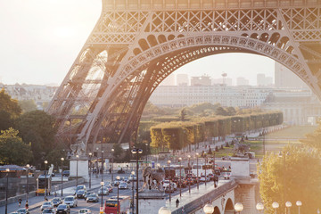street in Paris near Eiffel Tower, morning traffic