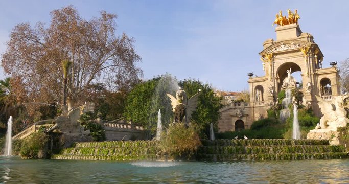 barcelona sun light fountain monument parc de la ciutadella 4k spain
