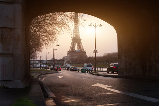 unusual view of Paris, Eiffel Tower framed in bridge