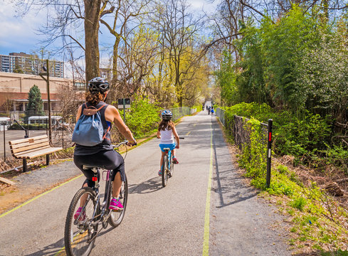 Fototapeta Family ride bikes on urban bike path in the city