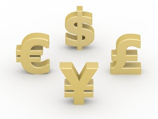 ドル、ユーロ、ポンド、円の通貨の金色マーク