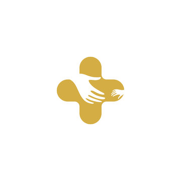 Isolated gold and white vector hands logo. Orphanage emblem. Family sign. Children care image. Adoption illustration. Child raising sing. Kindergarden icon. Charity for orphans. Help kids campaign