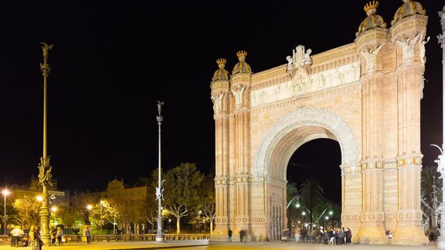barcelona night light arc de triomf walking panorama 4k time lapse 
