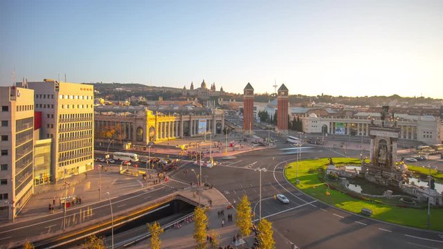 barcelona placa de espana roof top traffic circle view 4k time lapse
