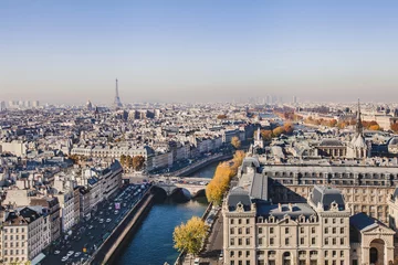 Fotobehang luchtfoto van Parijs, panoramisch tafereel van de rivier de Seine en de Eiffeltoren, Frankrijk © Song_about_summer