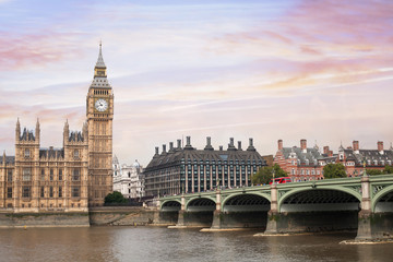 London beautiful view, UK, Big Ben tower, river  and bridge