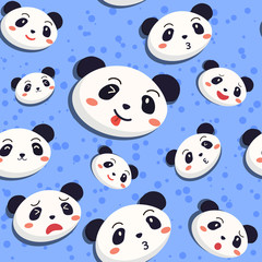 Obraz premium Seamless pattern with many expression of cute panda face in blue background.