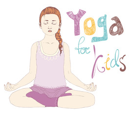 Fototapeta na wymiar Yoga for kids, colorful realistic sketch, doddle text on white background. Gymnastics for children and healthy lifestyle. Hand drawn Vector illustration.