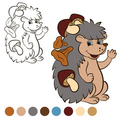 Coloring page. Color me: Hedgehog. Little cute hedgehog stands and smiles. He has a lot of mushrooms on his needles.