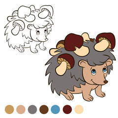 Coloring page. Color me: Hedgehog. Little cute hedgehog stands and smiles. He has a lot of mushrooms on his needles.