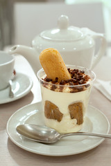 A tiramisu dessert on the table