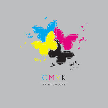 Logo CMYK color model design concept on light gray background. Four multicolored butterflies. Printing technology emblem. 