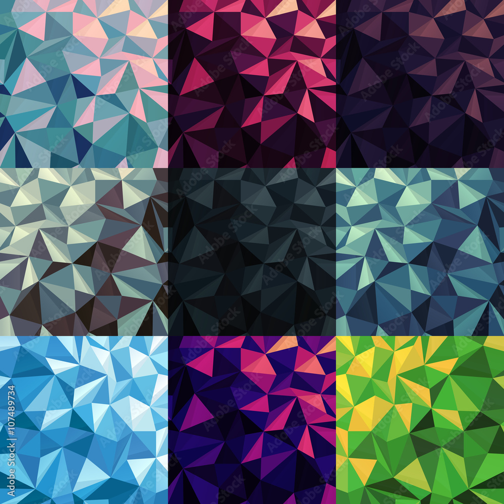 Poster Triangular Low Poly Backgrounds set. Different colors