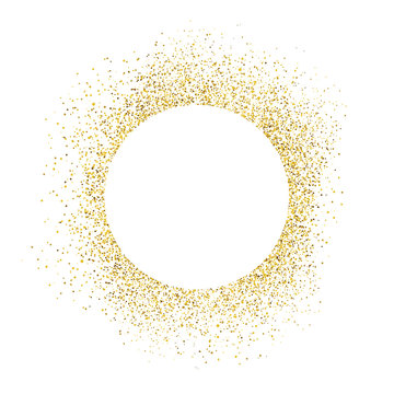 Gold sparkles on white background. White circle shape for text