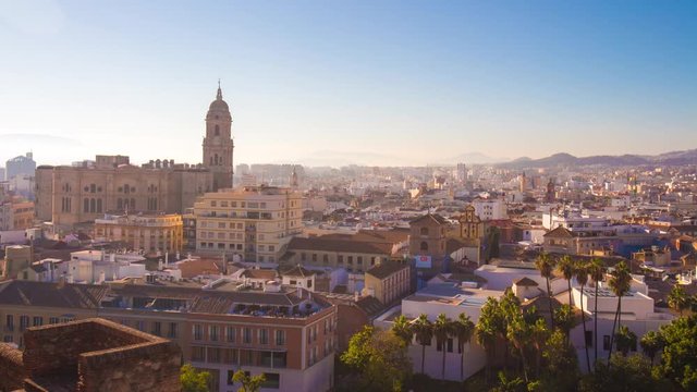 malaga city sun light cathedral panorama 4k time lapse spain
