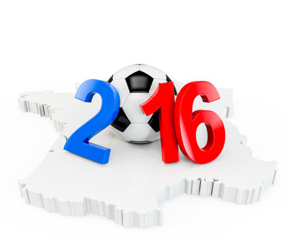 France 2016 year with a soccer ball, on a french map, isolated on white background. 3D Rendering, 3D Illustration.