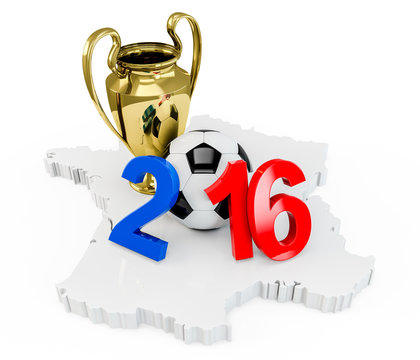 France 2016 year with a soccer ball, Gold Trophy Cup on a french map, isolated on white background. 3D Rendering, 3D Illustration.