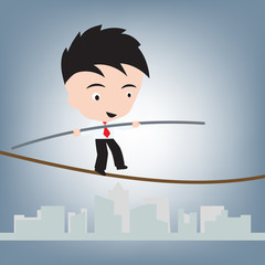 Business Man standing balance on wire or rope, risk management concept, illustration vector in flat design