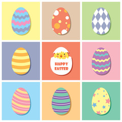 Happy Easter / Vector set of colourful Easter egg and lovely chick / Set of Easter egg in flat design.
