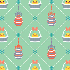 Easter theme pattern / Easter eggs and lovely chick with beautiful basket on vector background / Vector illustration.