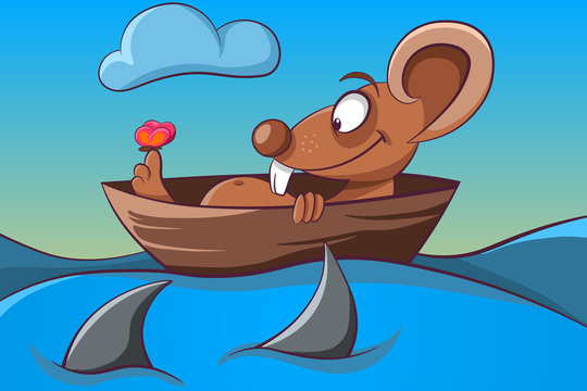 Mouse, butterfly, boat and sea illustration.