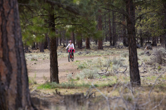 Woman riding mountain bike on trail in forest