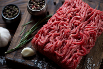 Close-up of raw beef mincemeat, selective focus, studio shot