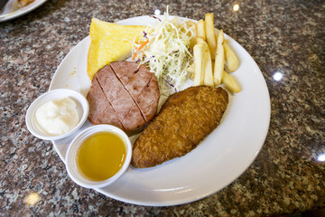 Steak Ham and fish fried