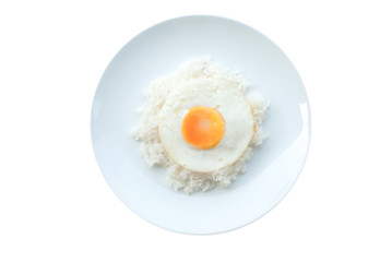 Rice and Fried egg on white disk 