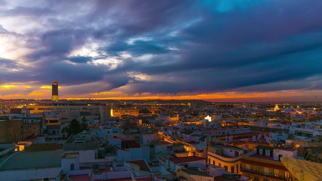 seville beautiful sunset city panorama from the roof top 4k time lapse spain
