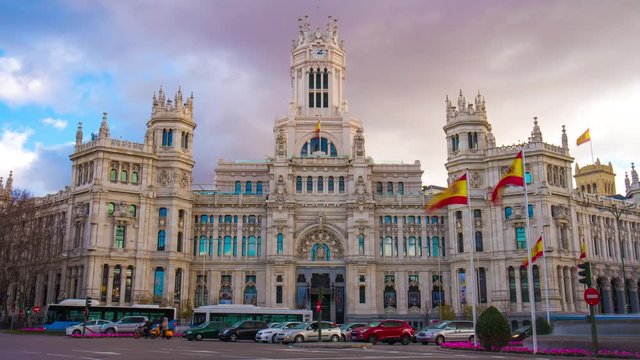 madrid city sunny day main post office traffic view 4k time lapse spain
