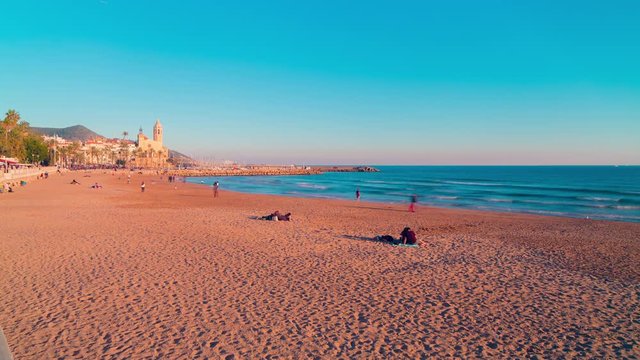 sitges sunset beach panorama 4k time lapse spain
