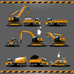 Construction Trucks. Construction Vehicles Types Vector icon set. Car Toy Packaging Design. Construction Transportation Vehicles. Construction Cars. Driving License Categories Book illustration. © frimufilms