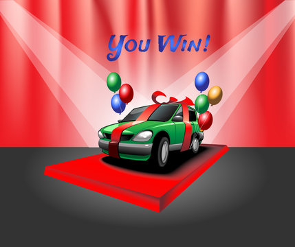 Green Car with Red Ribbon and Balloons on Pedestal in Spotlights. Private Car Gift Side View. You Win Message. Promotional Gift at Auto Salon. Digital Background Vector Banner.